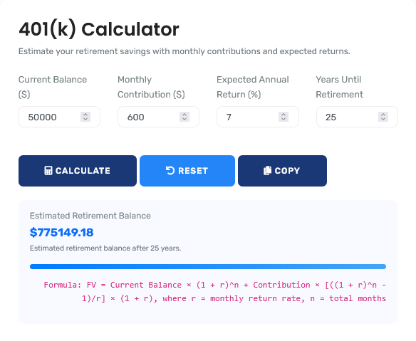 Professional 401(k) calculator interface showing detailed retirement projections with fee analysis