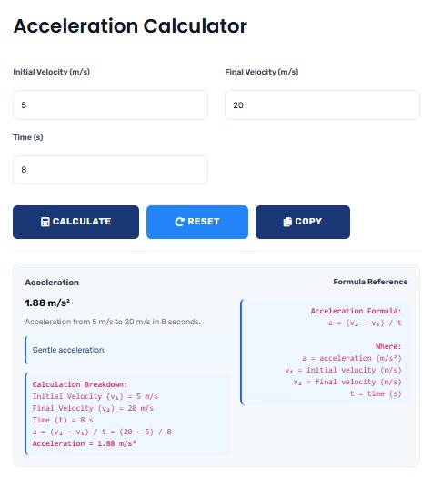 Acceleration Calculator showing speed change calculations with visual examples