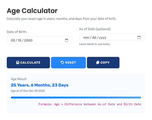 Forensic age calculation interface showing precise chronological analysis with time zone considerations