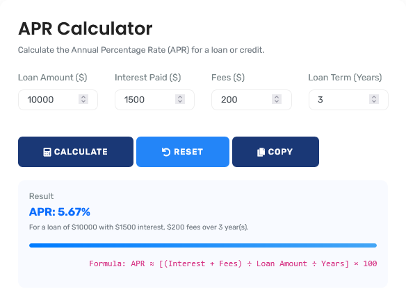 Professional APR calculator interface showing detailed loan cost analysis