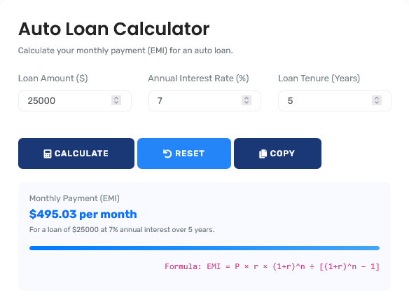 Professional auto loan calculator interface showing detailed payment breakdown and amortization schedule