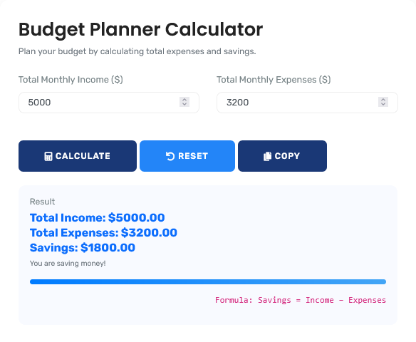 Professional budget planner calculator interface showing detailed financial analysis