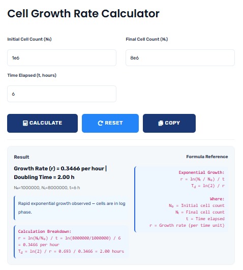 Cell Growth Rate Calculator showing scientific calculations for cell proliferation