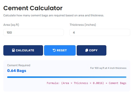 Professional cement calculator interface showing detailed material estimation