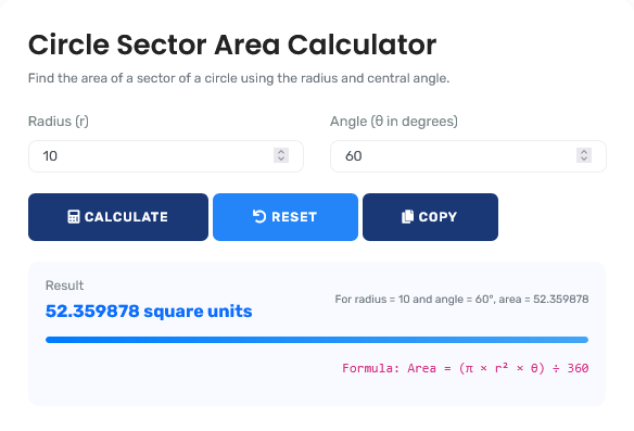 Circle Sector Area Calculator showing visual representation of circular sector calculations