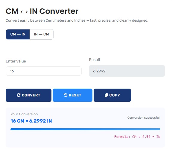 CM to Inches Converter showing instant length conversion between metric and imperial systems