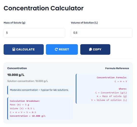 Concentration Calculator for chemistry solutions and laboratory calculations