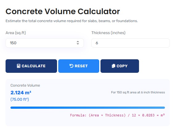 Professional concrete volume calculator interface showing detailed construction calculations