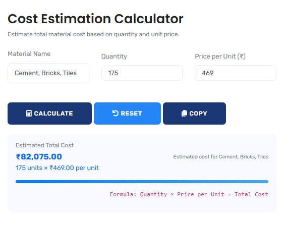 Professional cost estimation calculator interface showing detailed pricing analysis