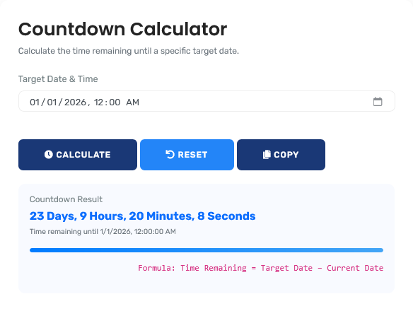 Countdown Calculator showing time remaining to important events with visual countdown display