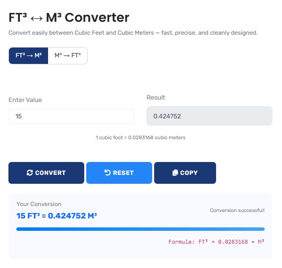 Professional cubic feet to cubic meters converter interface showing industrial applications