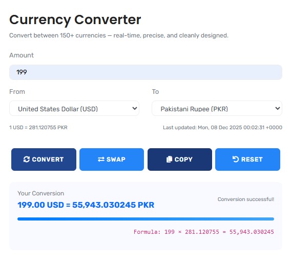 Custom Currency Converter showing real-time exchange rates and conversion interface