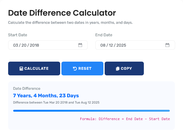 Date Difference Calculator showing easy date interval calculations with multiple format options