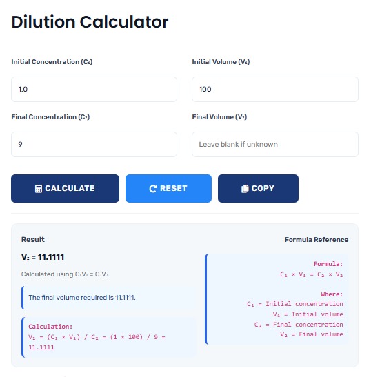 Dilution Calculator showing concentration and volume calculations