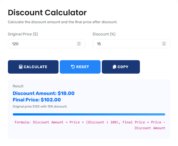 Discount Calculator showing percentage calculations and savings comparisons