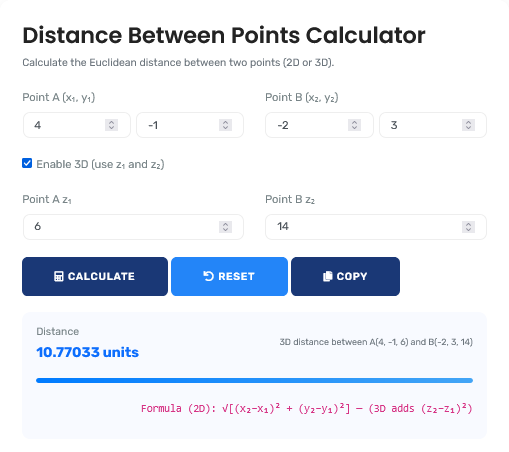 Distance Calculator showing coordinate input and measurement results