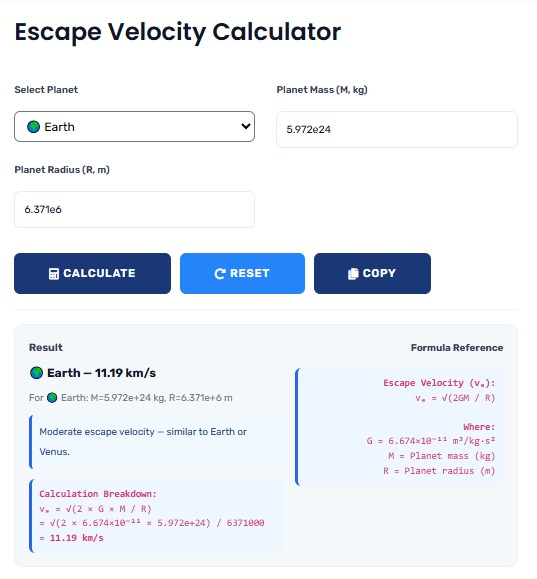Escape Velocity Calculator showing cosmic speed calculations for different planets