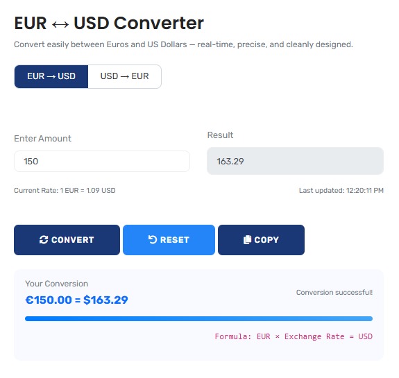EUR to USD Currency Converter showing real-time exchange rate calculations