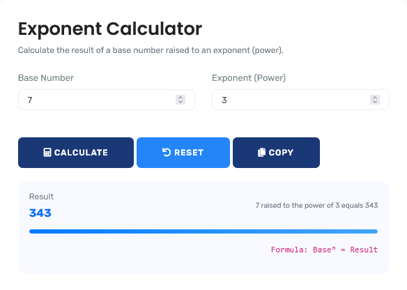 Professional exponents calculator showing detailed exponential analysis
