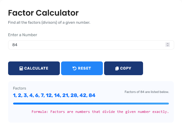 Professional factor calculator interface showing detailed factorization analysis