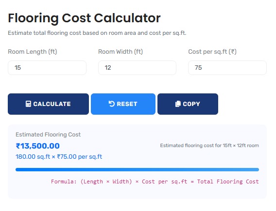 Professional flooring cost calculator interface showing detailed material and labor analysis