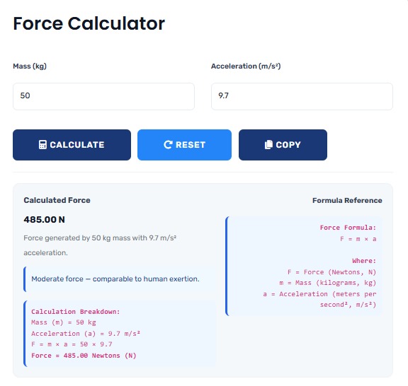 Force Calculator showing physics calculations with Newton's laws