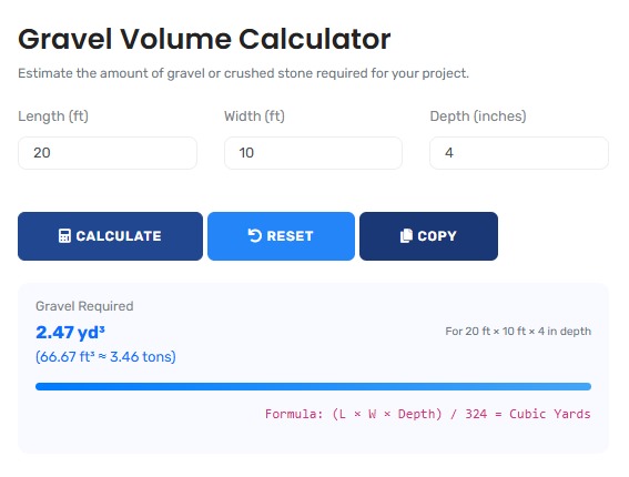 Professional gravel volume calculator showing detailed material estimation