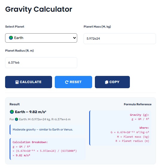 Gravity Calculator showing gravitational force calculations between different objects