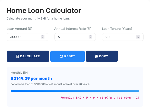Home Loan Calculator showing EMI calculation with detailed breakdown