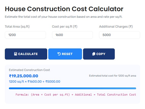 Professional construction cost calculator interface showing detailed estimation breakdown
