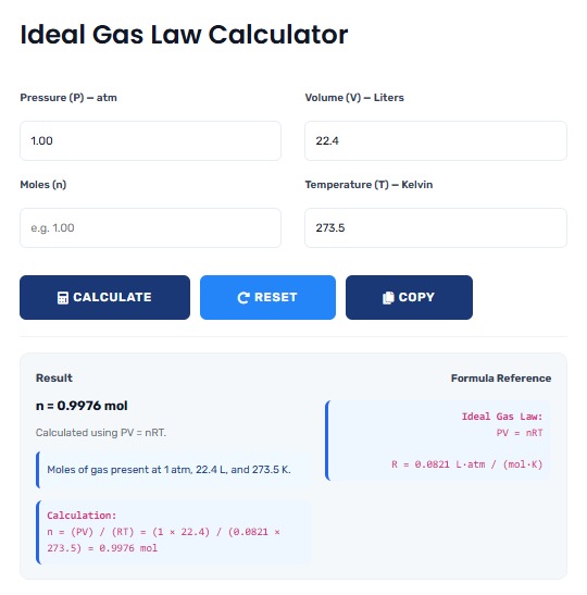 Ideal Gas Law Calculator showing PV = nRT calculations with interactive inputs