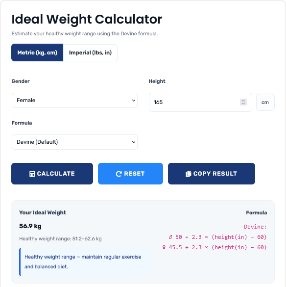 Ideal Weight Calculator showing personalized weight ranges with different calculation methods