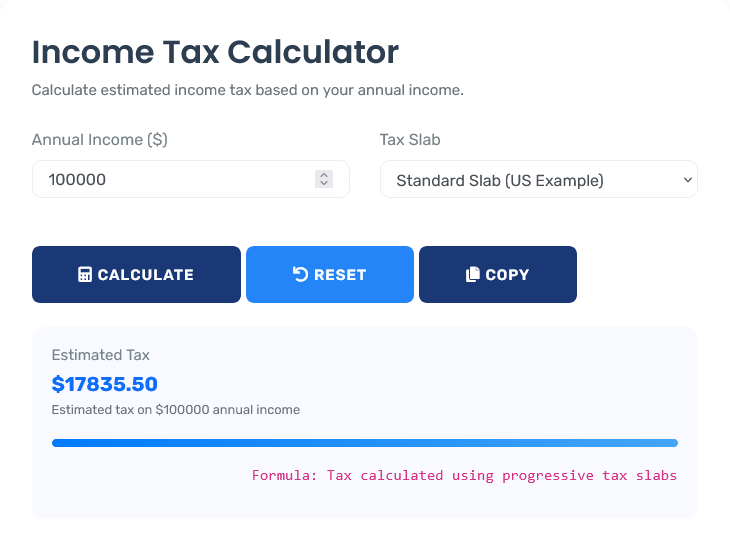Professional income tax calculator showing detailed tax analysis and planning
