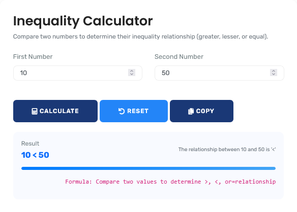 Inequality Solver showing mathematical constraint solutions with step-by-step explanations