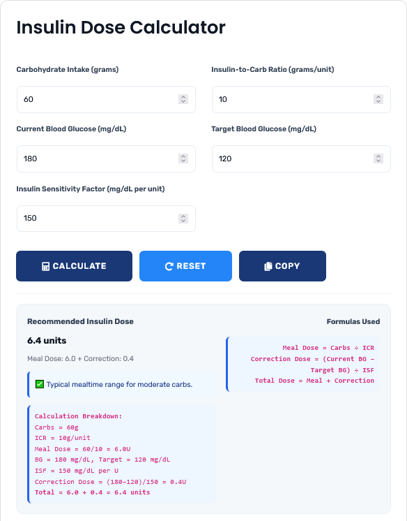 Professional insulin dose calculator showing detailed medication analysis