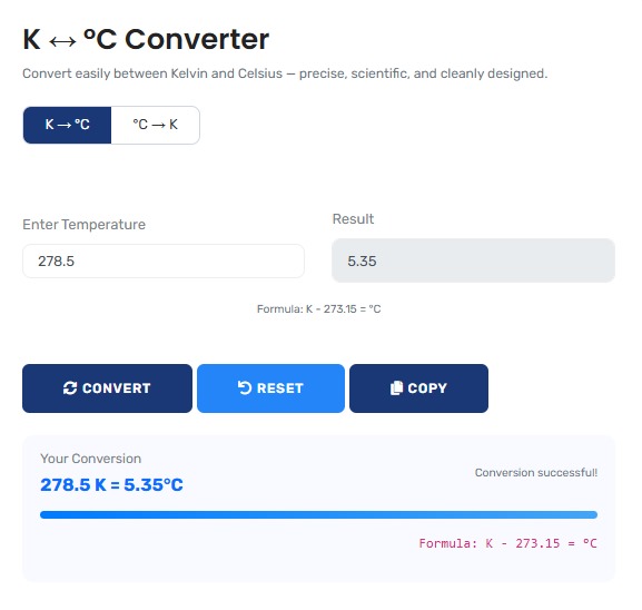 Kelvin to Celsius Converter showing scientific temperature conversion