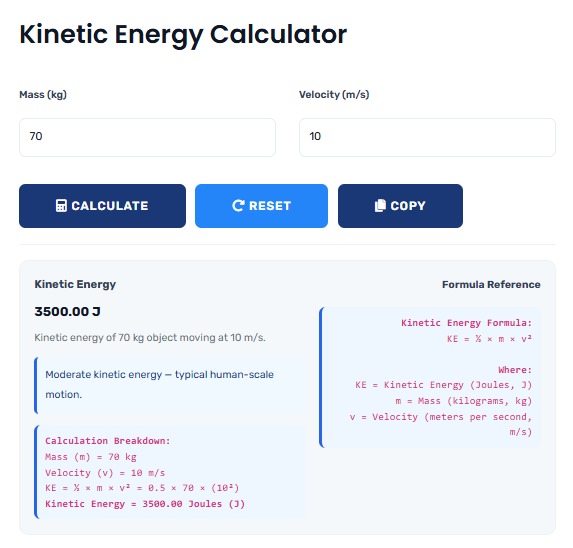 Kinetic Energy Calculator showing physics calculations with mass and velocity inputs