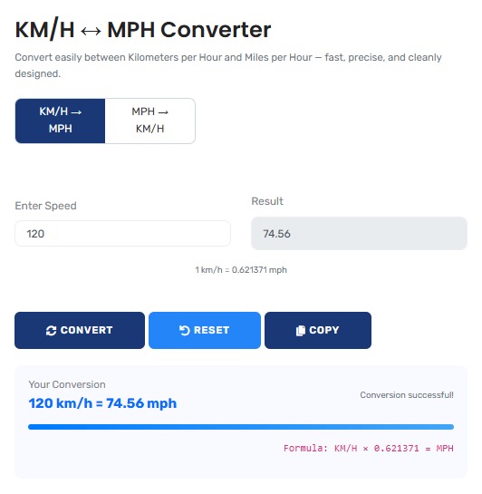 Professional speed conversion calculator showing detailed km/h to mph analysis
