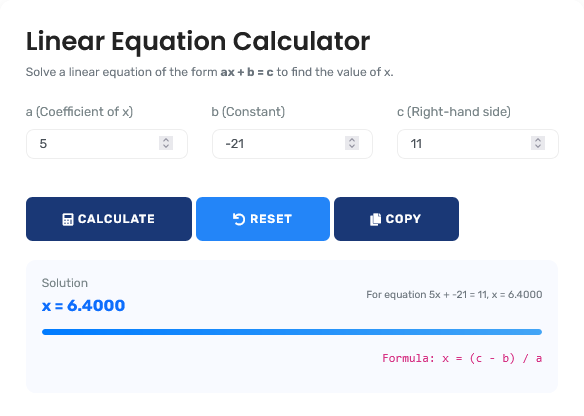 Professional linear equation calculator interface showing step-by-step solution process