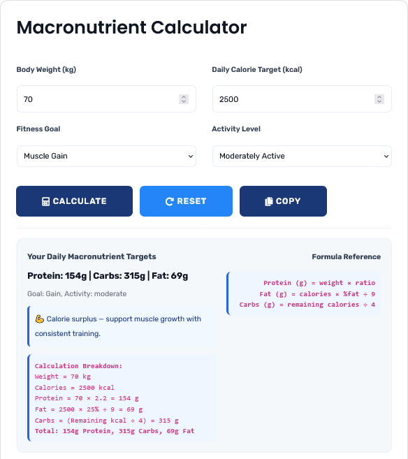 Professional macronutrient calculator interface showing detailed nutrition analysis