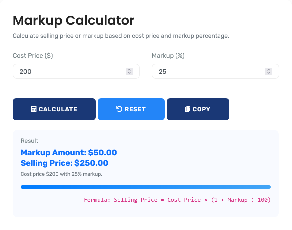 Markup Calculator showing pricing calculations with cost, markup percentage, and selling price