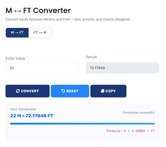 Meter to Feet Converter showing instant conversion between metric and imperial length units