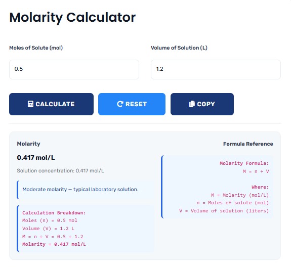 Molarity Calculator showing chemical concentration calculations with formulas and examples