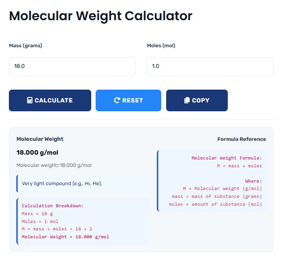Molecular Weight Calculator showing chemical formula input and calculation results