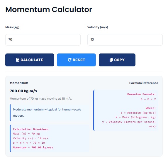 Momentum Calculator showing physics calculations for motion and collisions
