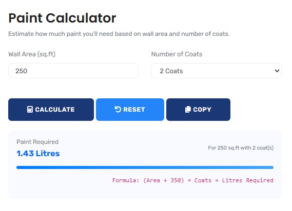 Professional paint calculator interface showing detailed room analysis and material estimation