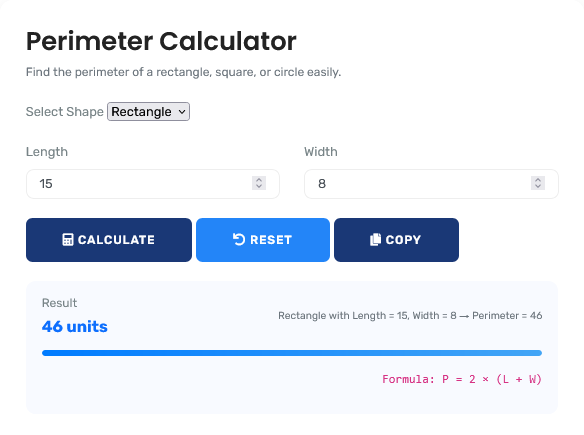 Perimeter Calculator interface showing various shape measurements and calculations