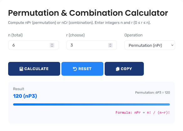 Professional permutation and combination calculator interface showing detailed combinatorial analysis