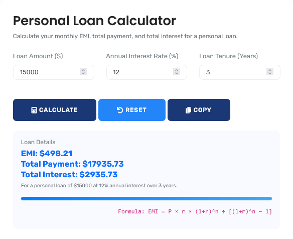 Professional personal loan calculator interface showing detailed payment breakdown and comparison scenarios