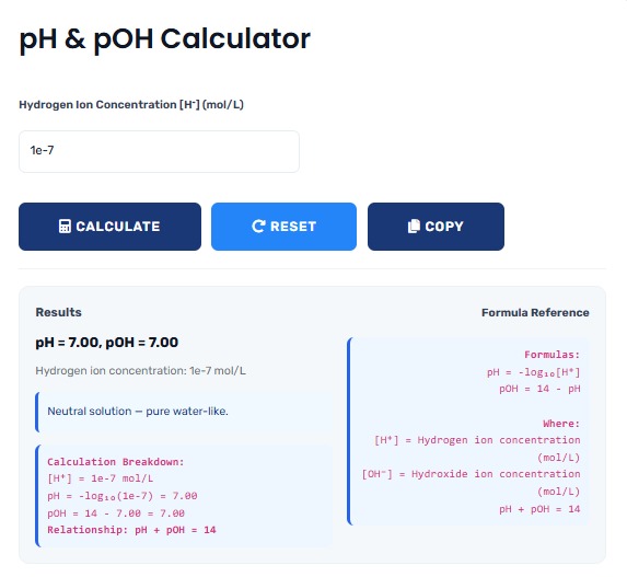 pH Calculator showing acidity and basicity measurements with chemical formulas